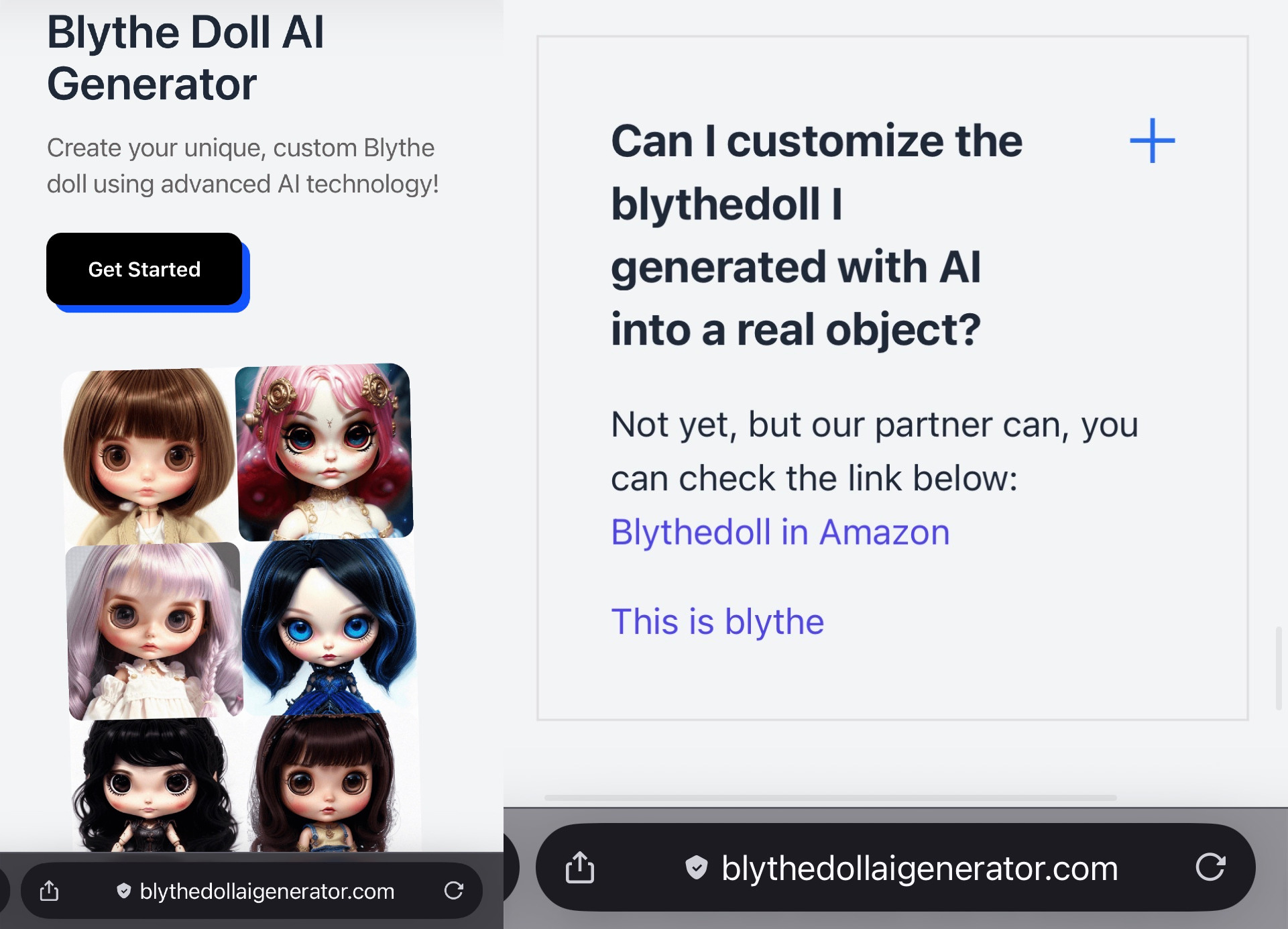 Screenshot of the website BlytheDollAIGenerator(dot)com next to screenshot of the site FAQs linking to ThisIsBlythe as a partner store