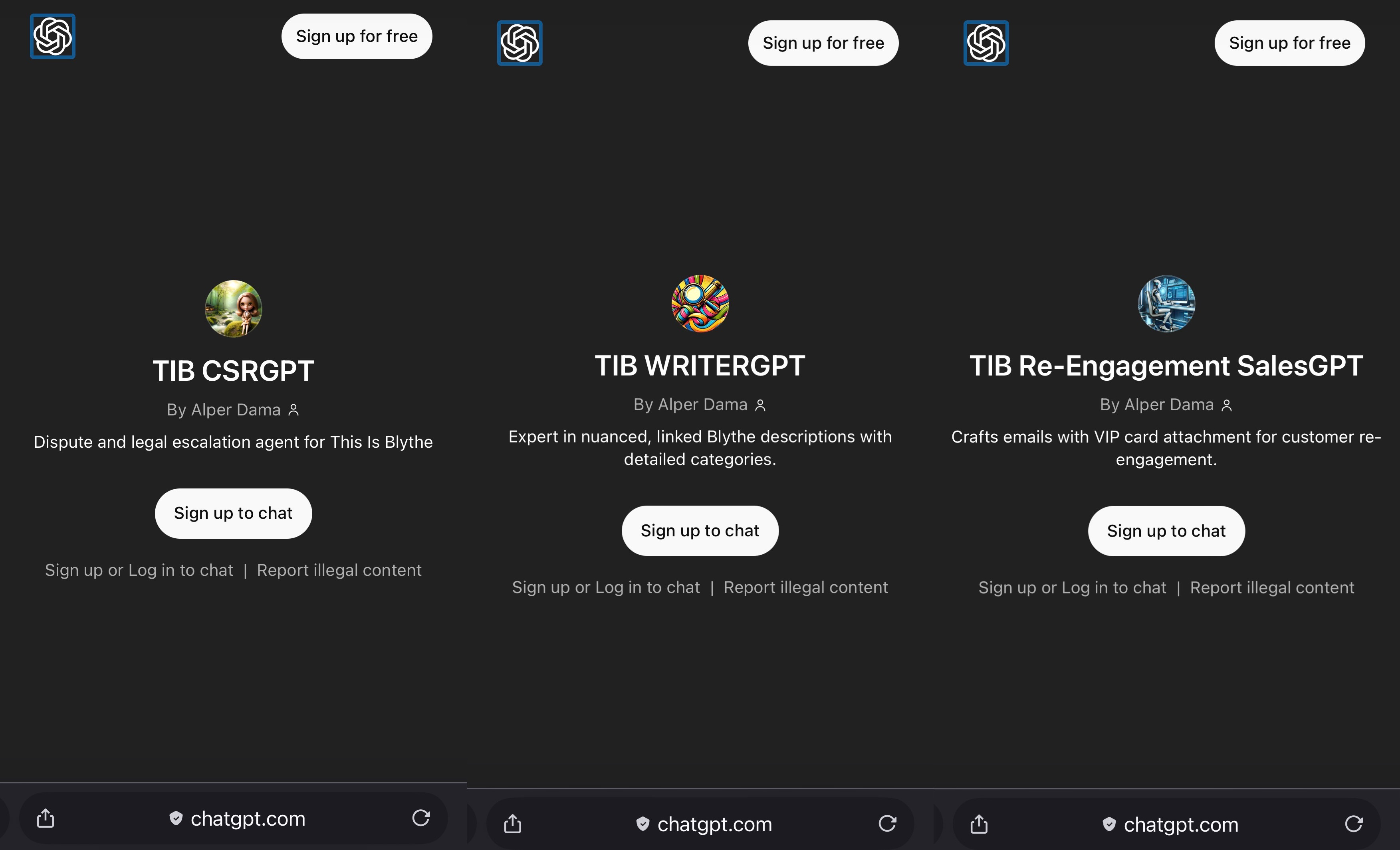 Screenshots of all three ThisIsBlythe ChatGPT wrappers made by Alper Dama side by side