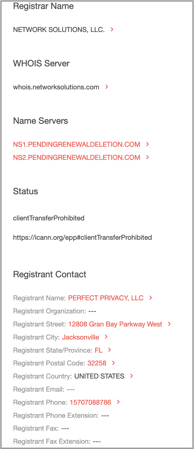 The domain record showing that the domain had been transferred from Gina Garan to her registrar as pending renewal