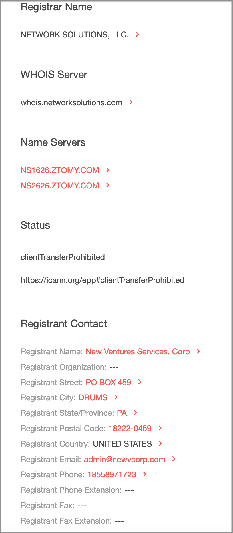 The first domain record after the pending renewal record is registered to a New Venture Services Corp