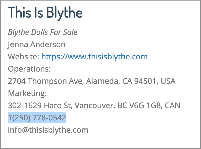 The Contact information given by ThisIsBlythe in 2019