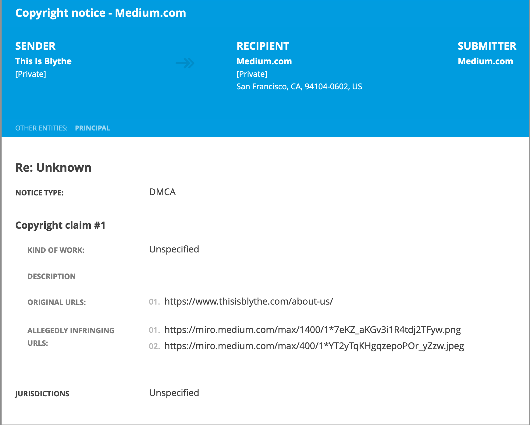 The DMCA notice they sent to Medium about my blog post