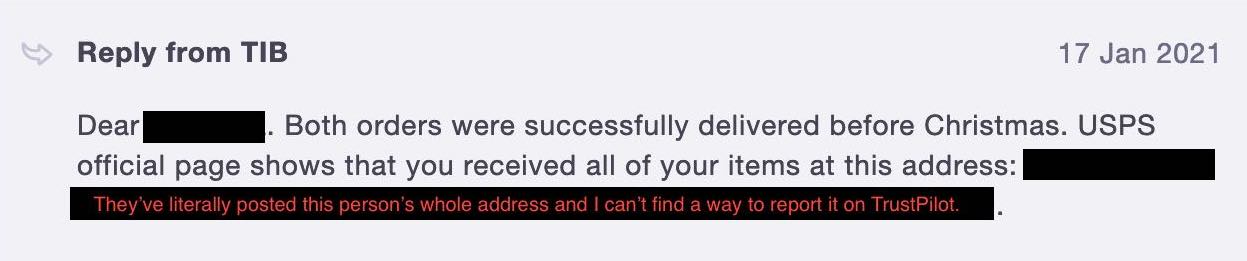 ThisIsBlythe illegally sharing a customer's address in review response with address redacted