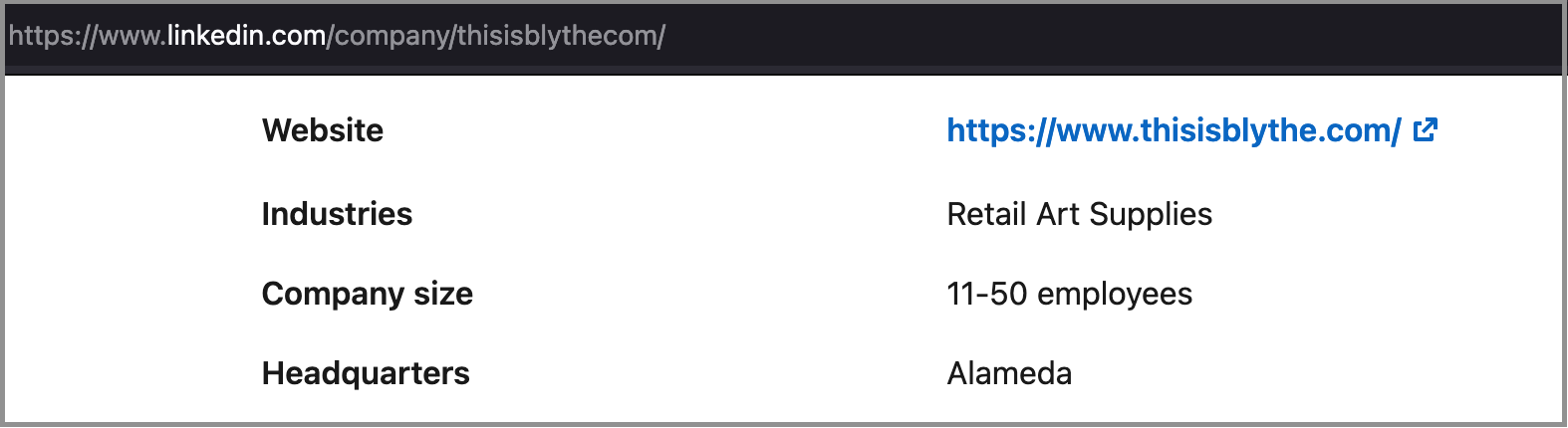 LinkedIn company information giving Alameda, CA as their headquarters location